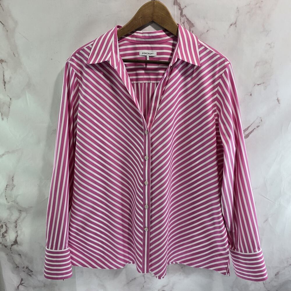 Foxcroft Shirt Women 18 Pink White Striped Button Up Long Sleeve Diagonal